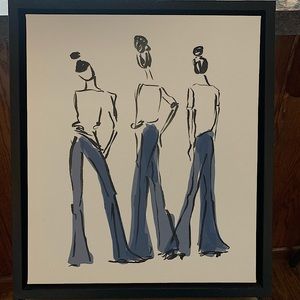 girl with blue pants stick figure canvas with thick black frame 13.5in X 15.5in